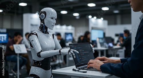 Robot and developer working collaboratively on a laptop with code