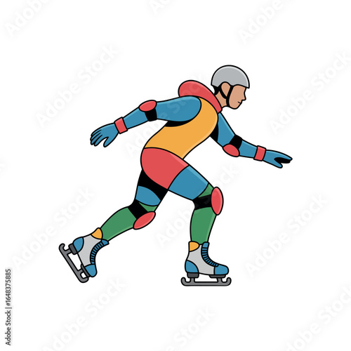 Cartoon ice skater in colorful protective gear on white background ice skating sport