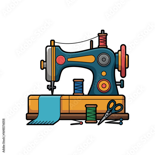 Teal sewing machine with blue fabric green and blue thread scissors textile