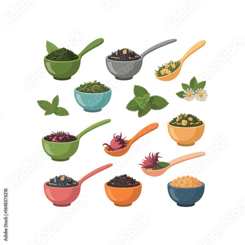 Assortment of loose leaf teas and herbs in colorful bowls and spoons herbal tea green tea
