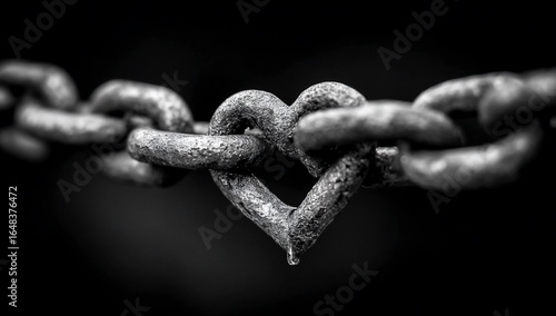 Heart-shaped link in a rusty chain against a dark background
