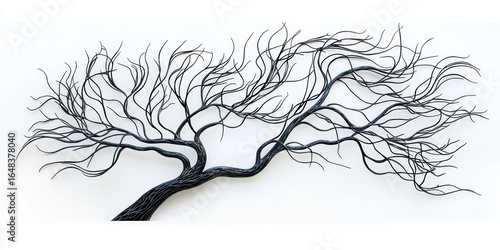 A wire sculpture of a tree with intricate, flowing branches against a plain background. The sculpture is monochromatic, emphasizing the natural form and movement of the tree.