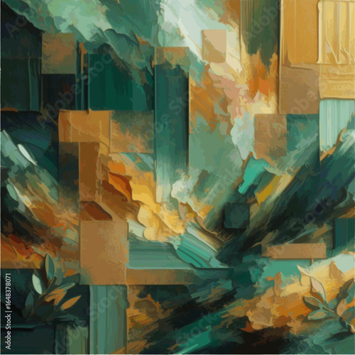 "Bold green and gold palette with layered paint texture"

