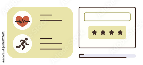 Heart rate and fitness activity icons with a checklist and a separate panel featuring a 5-star rating system. Ideal for health tracking, fitness, wellness apps, data analysis, feedback, lifestyle