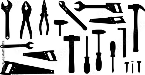 A collection of various hand tools including wrenches pliers saws screwdrivers and hammers in black silhouette | editable eps vectors