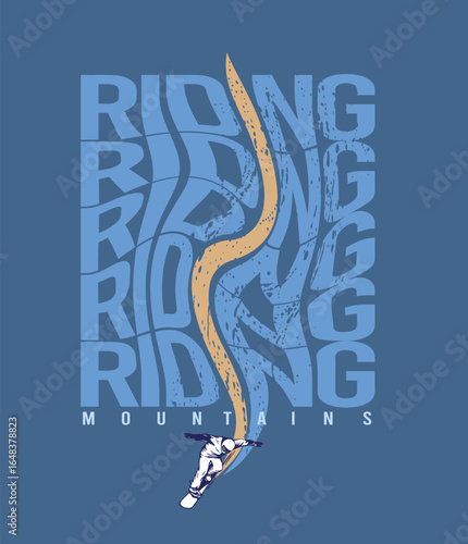 Graphic style illustration of a snowboarder descending a lettering.
