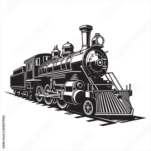 Detailed black and white illustration of a vintage steam locomotive train engine