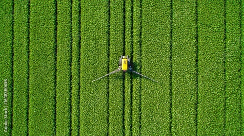 Aerial view of a tractor spraying a field