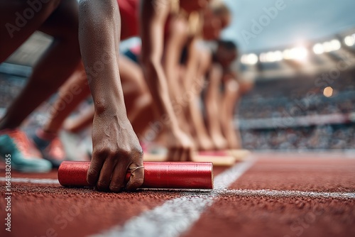 Sprinters poised at the starting line, holding the baton