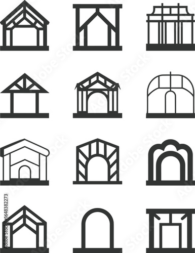 Set of twelve pavilion and arch icons, stage and frame silhouettes, gazebo and entrance design, vector architectural structure elements in black outline