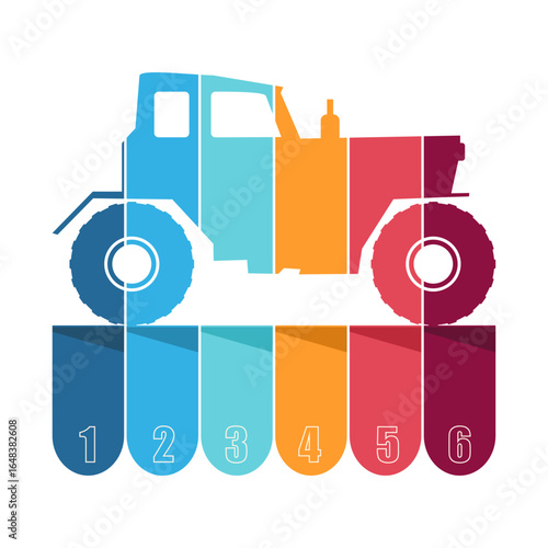 Agricultural machinery. Vehicle for field farm work. Industrial tractor transport icon with six features or option of project to select. Infographic for business information visualization.