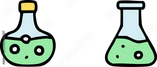 Two Cartoon Chemical Flasks with Green Liquid.