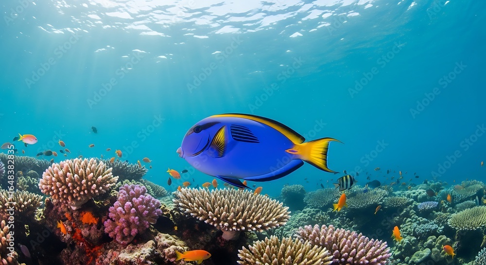 Naklejka premium Vibrant underwater scene featuring a surgeonfish swimming near colorful coral reefs illuminated by