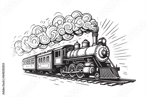 Vintage steam locomotive billowing smoke across the tracks train engine