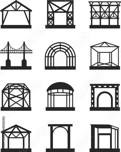 Set of twelve stage and structure icons, bridge and arch silhouettes, event construction vector, pavilion illustration, architectural framework design, black and white graphic