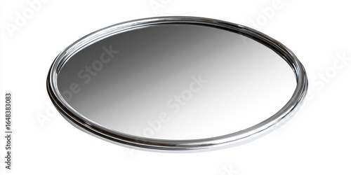 A round, silver-framed mirror with a reflective surface, placed against a white background. The mirror has a simple, elegant design with a metallic finish.