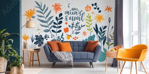 A modern living room with a vibrant floral mural on the wall, a blue sofa with orange cushions, and a bright yellow chair. 