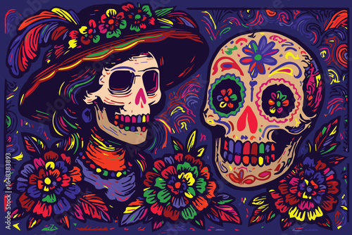 A colorful vector background for Dia de los Muertos, featuring skulls, marigolds, and ornate motifs, celebrating vibrant Mexican traditions and joyful cultural heritage.