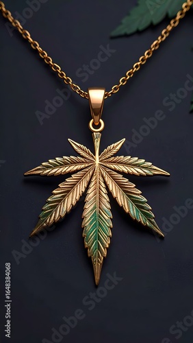 Exquisite Gold Cannabis Leaf Necklace on a Dark Backdrop: Artful and Symbolic