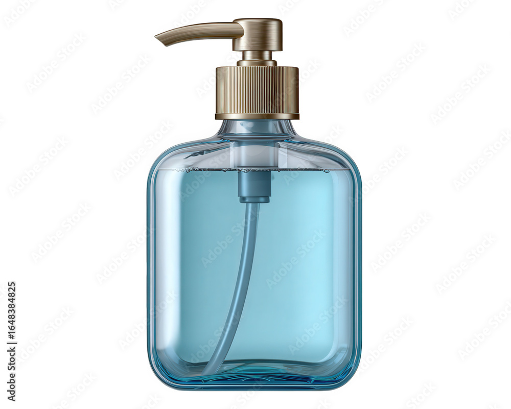 Hand sanitizer bottle with pump, transparent plastic container, blue liquid, isolated on transparency background, clean and modern design, hygiene concept Hand sanitizer bottle with pump, transparent plastic container, blue liquid, isolated on transparency background, clean and modern design, hygiene concept