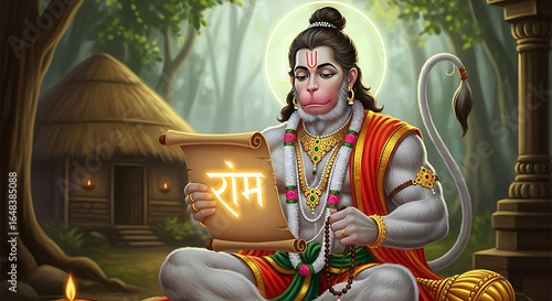 Digital Illustration of Hindu Deity Hanuman Reading Scroll.