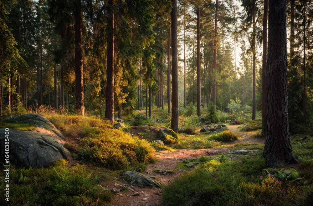 Fototapeta premium Sunlight filtering through a dense forest (1)