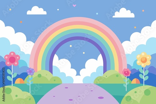 Pastel Rainbow Landscape with Flowers Clouds and a Winding Path Illustration