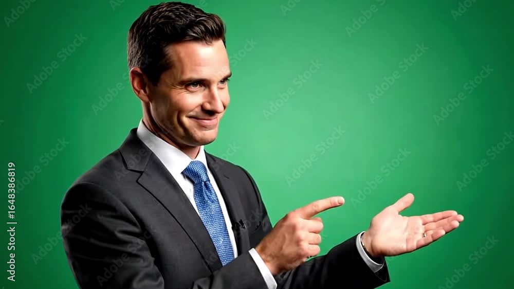 A man in a suit gestures toward blank space against a solid green background