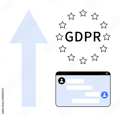 Upward arrow, GDPR text surrounded by stars, and chat window element emphasize data protection. Ideal for privacy policy, data management, security, compliance, user rights, EU regulations simple