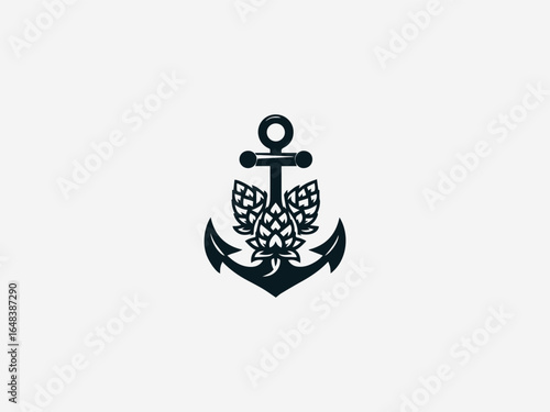 Handcrafted anchor intertwined with hops for artisanal brewery vector logo