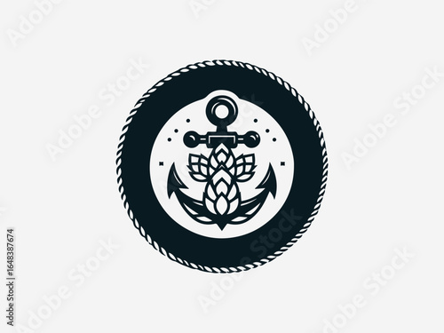 Handcrafted anchor intertwined with hops for artisanal brewery vector logo