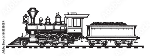 Vintage steam locomotive pulling coal car on tracks train engine