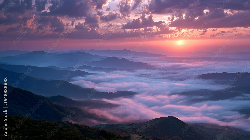 Fototapeta premium Elevated viewpoint above cloud layer with sun rising beyond distant ridges 