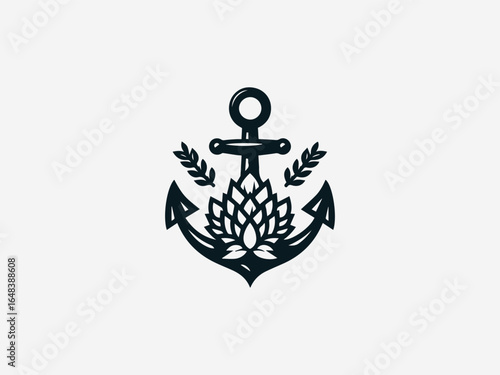 Handcrafted anchor intertwined with hops for artisanal brewery vector logo