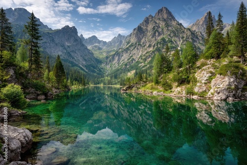 Fototapeta Naklejka Na Ścianę i Meble -  Serene alpine lake reflecting mountains. Lush forest surrounds crystal-clear water