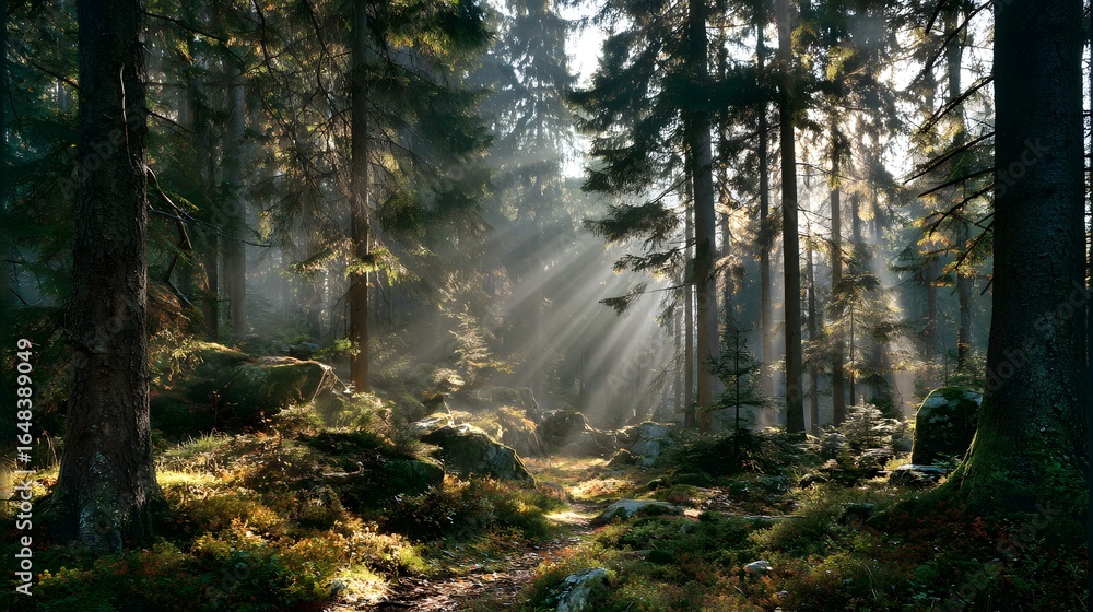 Obraz premium Forest clearing with warm sunlight streaming through tall trees