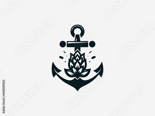Handcrafted anchor intertwined with hops for artisanal brewery vector logo