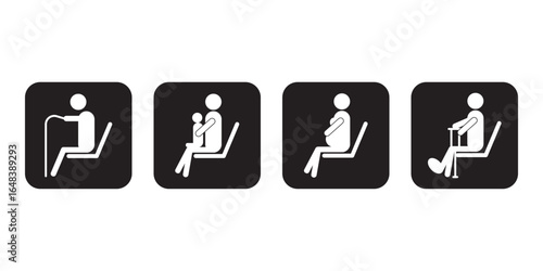 Lift priority sign, label, logo, icon set. Elevator priority sign, priority queues for elderly, men and women with stroller baby, disabled wheelchair, pregnant woman, walking stick. Vector illustrator