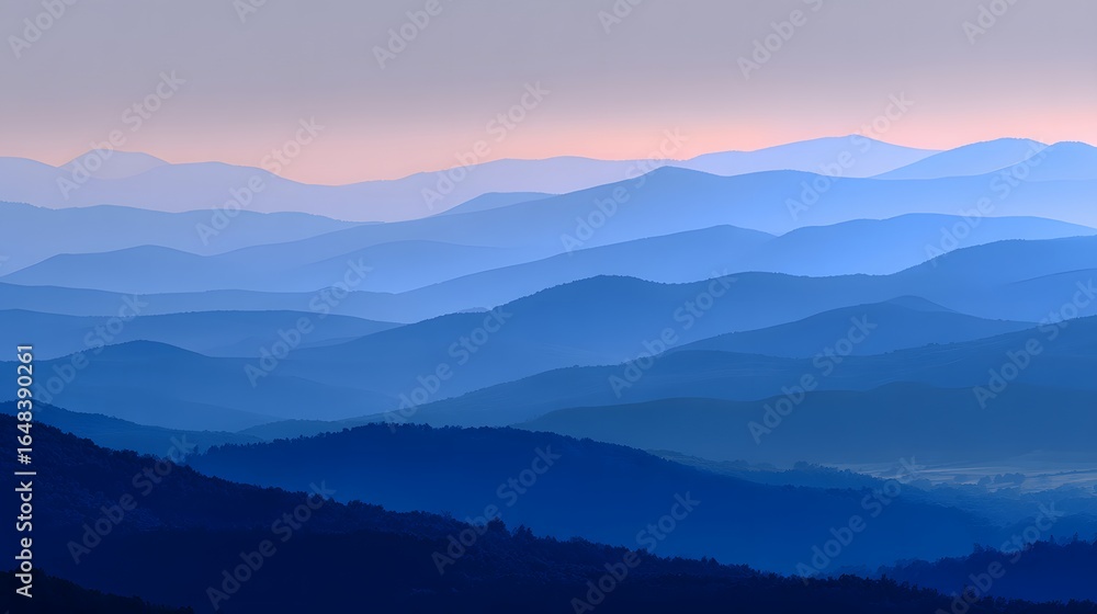 Obraz premium Layered blue mountain silhouettes fading into the horizon at dusk