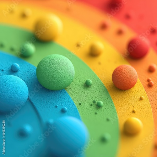 Colorful, textured spheres arranged in concentric rainbow rings