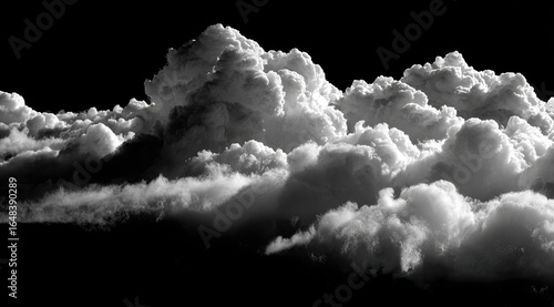 A monochrome panorama of voluminous clouds against a black background