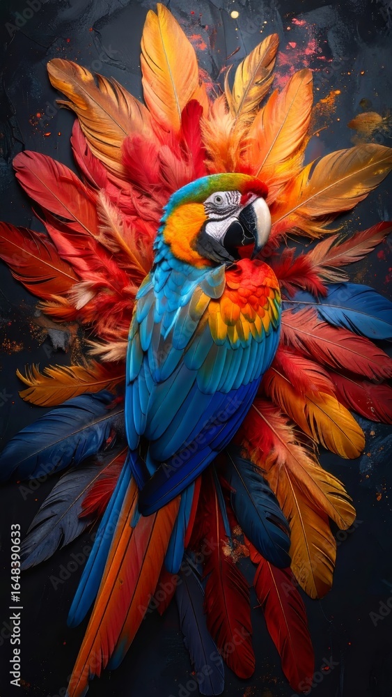 Obraz premium Colorful parrot portrait adorned with vibrant feathers in an artistic arrangement