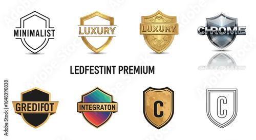 A collection of eight premium shield-shaped logos and emblems in various styles like minimalist, luxury gold, and chrome.