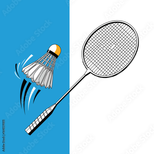 A unique vector art for badminton. A dynamic minimalist design with a shuttlecock in motion, sharp lines, and a split-color CMYK background