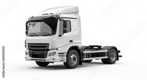 A robust white semi-trailer truck tractor unit parked on an isolated transparent background, head-on view, symbolizing strength in logistics.