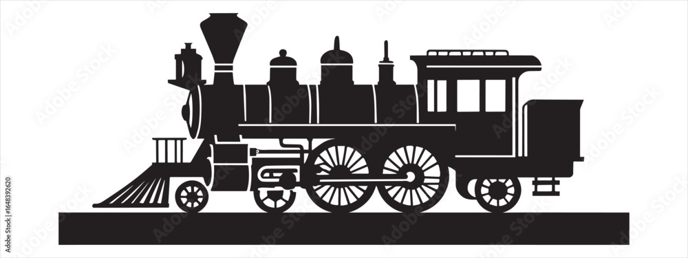 Naklejka premium Vintage steam locomotive silhouette black and white train engine