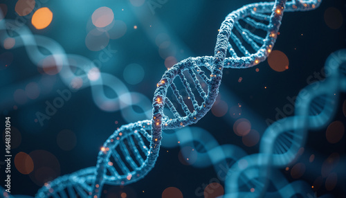 s a double helix of DNA on a blue background with bokeh lights in the background. The strands of DNA are intertwined and the background is slightly blurred