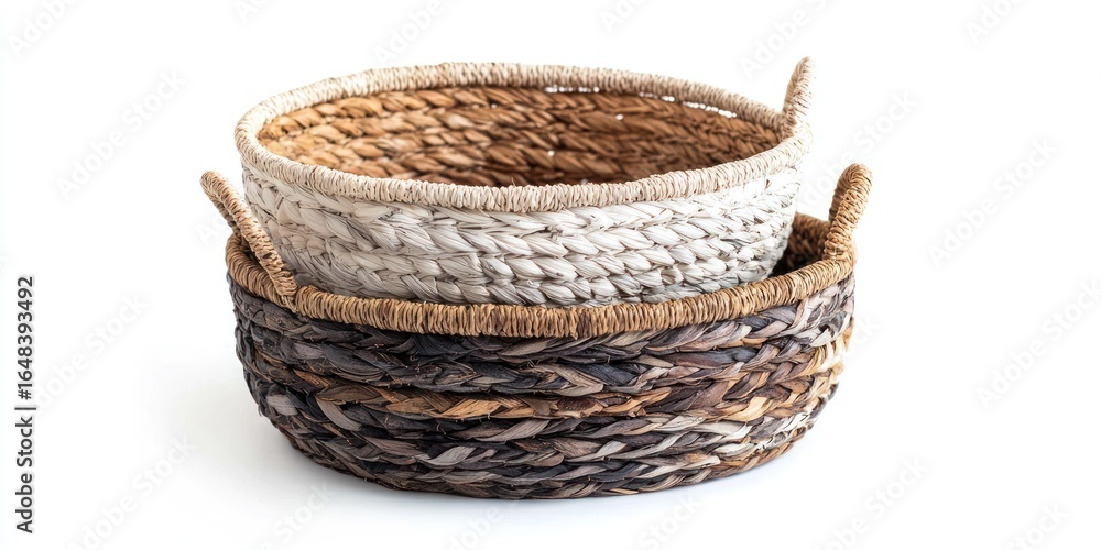Obraz premium Three woven baskets stacked, with natural fibers and handles, placed on a plain white surface.