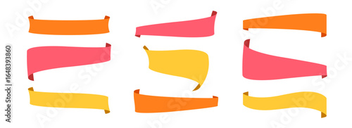 Red, orange and yellow ribbon banners set. Different scroll labels and badges pack for promotion, product decoration, price tag, discount sticker. Colorful note and mark elements collection. Vector