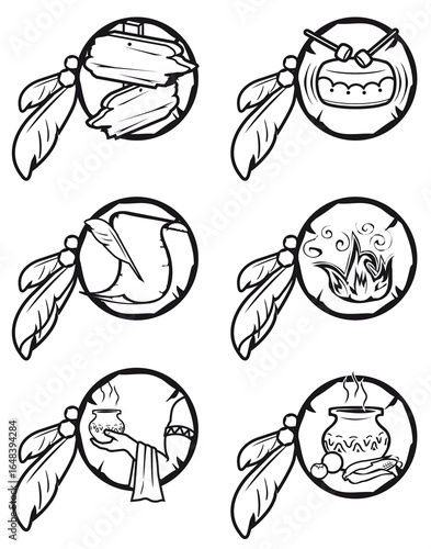 Native American Cultural Symbols with Feathers Icon Set